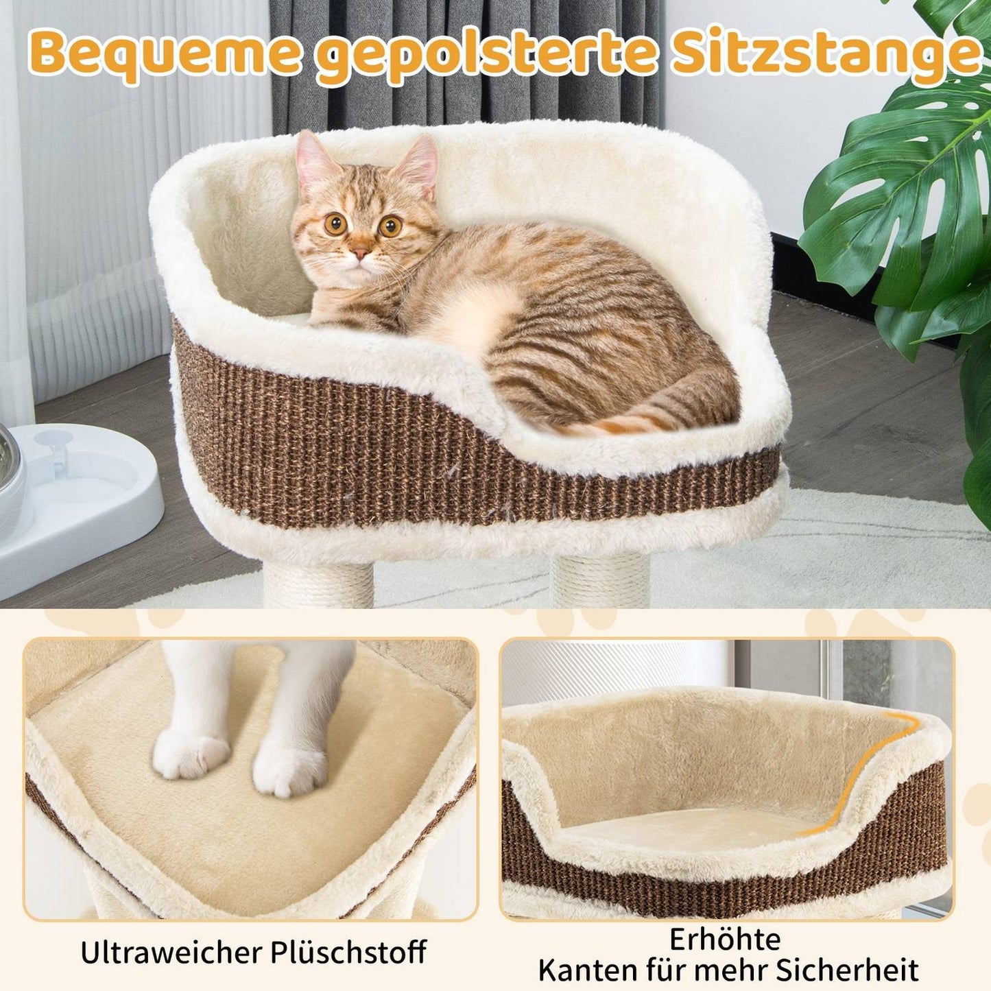 Cat Tree with Plush Seat, Sisal Posts & Ball, Beige