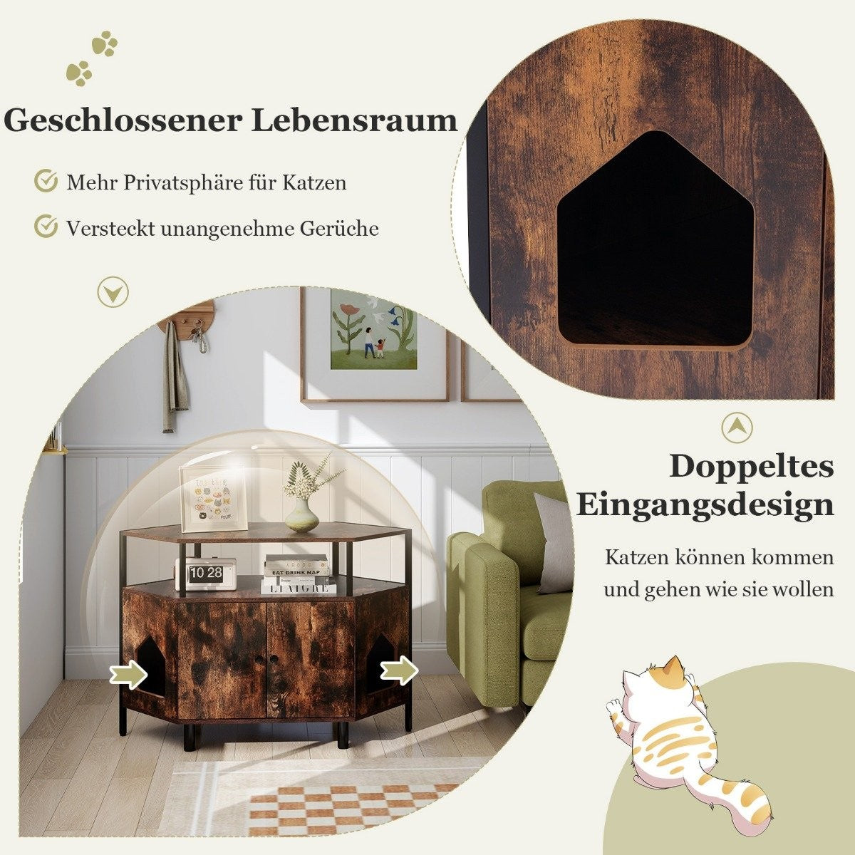 Cat cabinet cat toilet cat litter box cabinet for corner cat house with 2 doors rustic brown