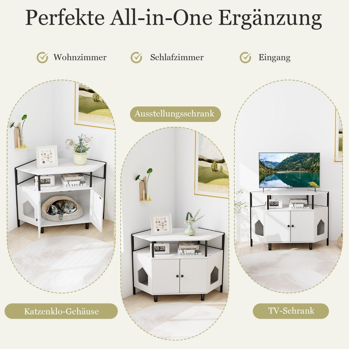 Cat cabinet cat toilet cat litter box cabinet for corner cat house with 2 doors white
