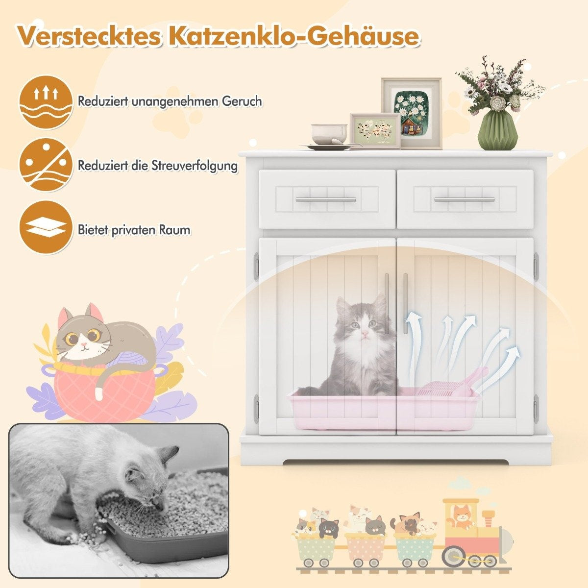 Cat cabinet for cat litter box with 2 drawers & 2 doors & entrance litter box cat house