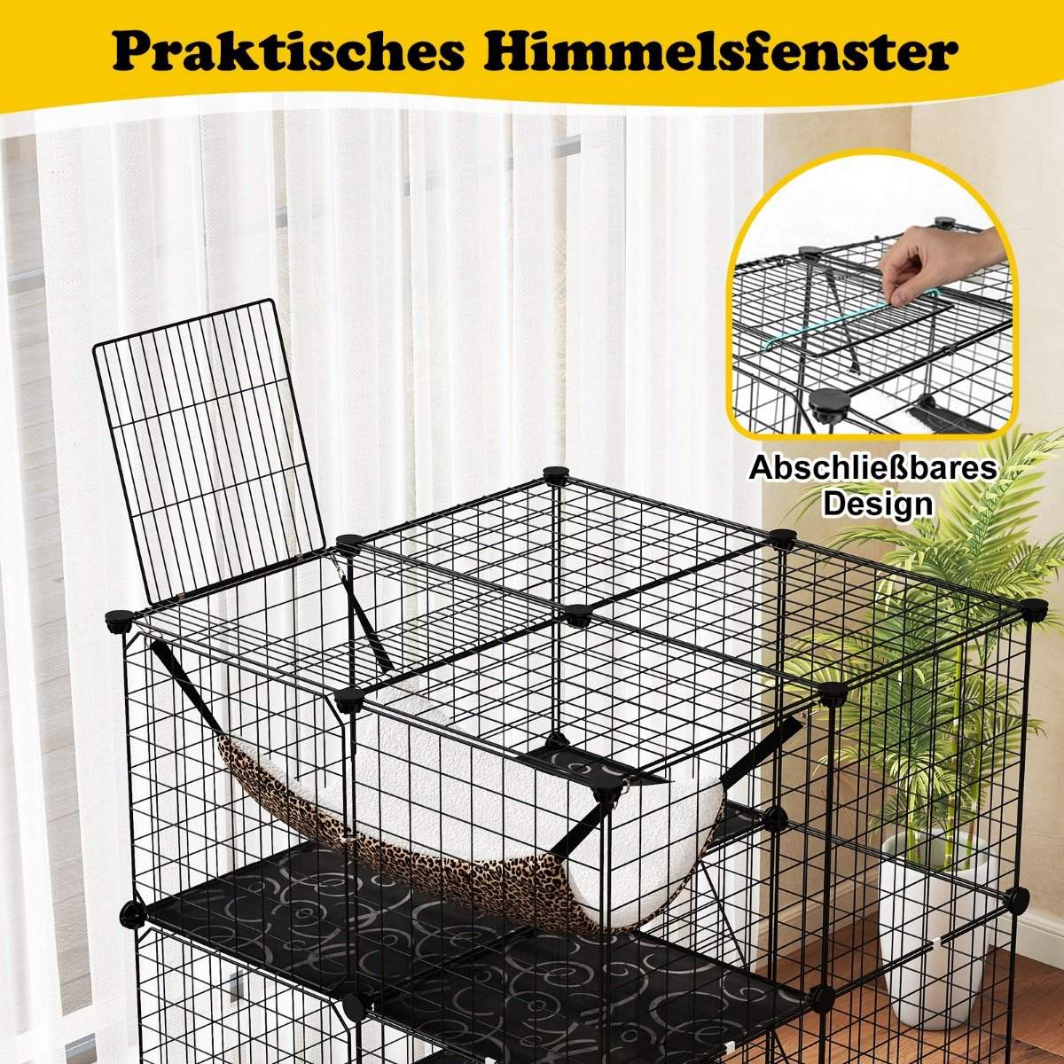 Cat cage 3-story large cat enclosure with hammock 2 ladders 3 doors & skylight 74 x 74 x 107 cm