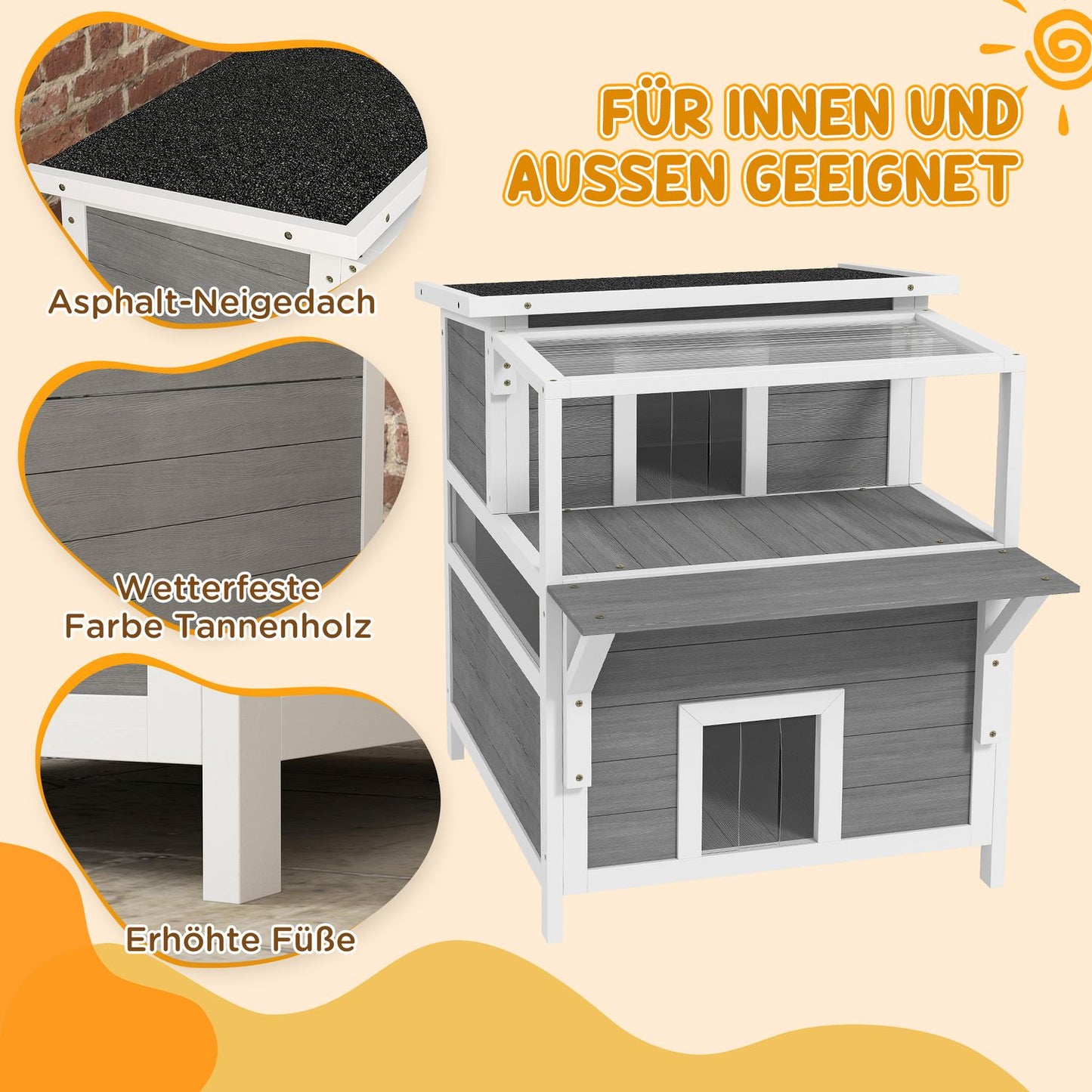 Outdoor Spruce Wood Cat House with Balcony, 64 x 87 x 76 cm