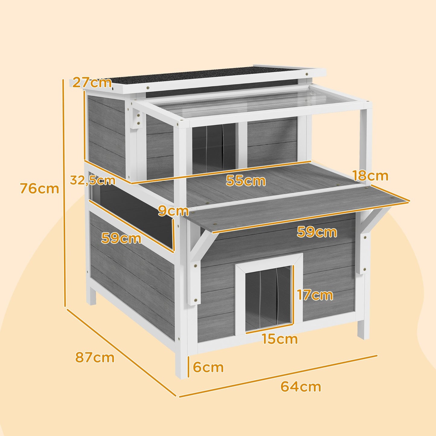 Outdoor Spruce Wood Cat House with Balcony, 64 x 87 x 76 cm