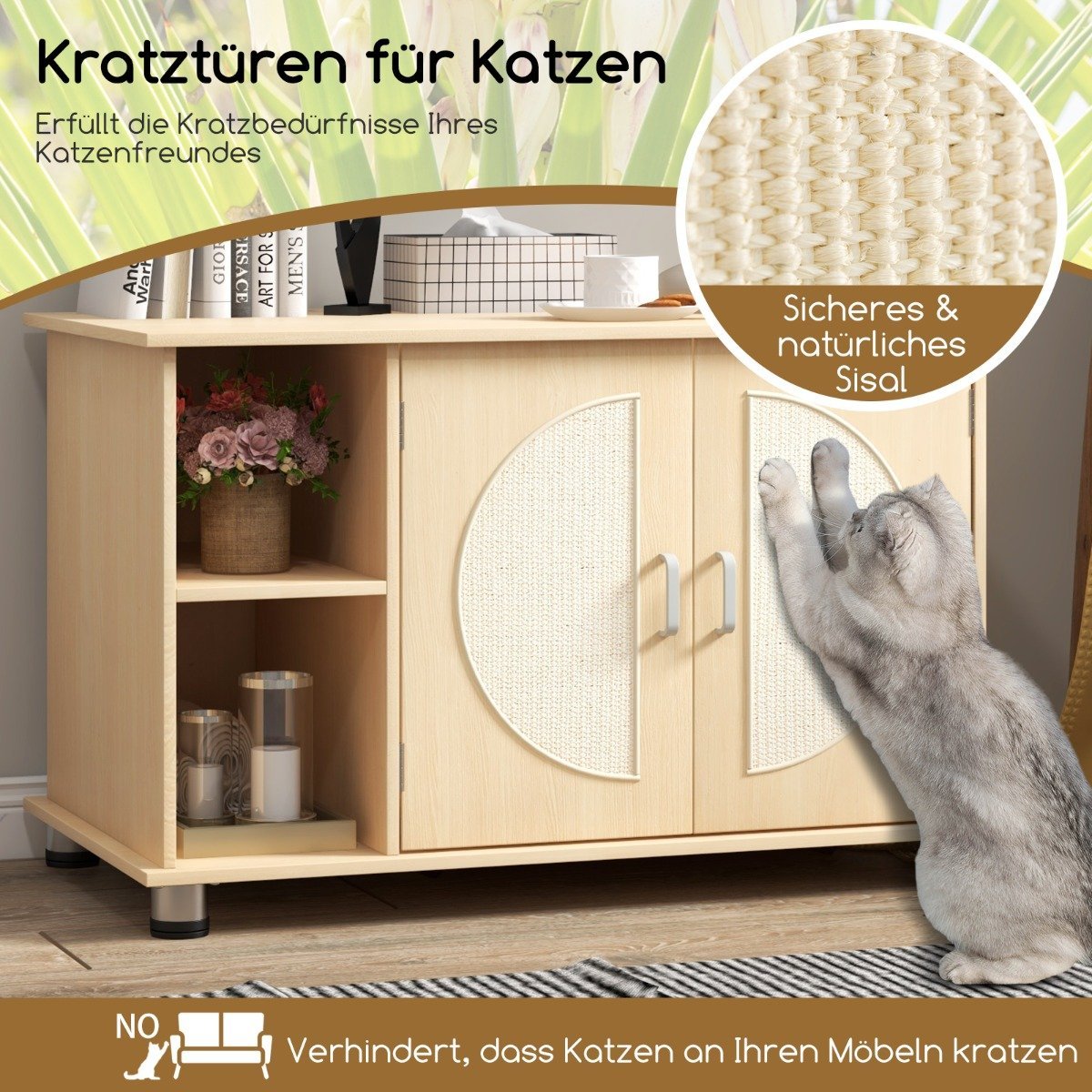 Cat cupboard for cat toilet with sisal scratching doors & cat hole cat toilet cupboard 82 x 48 x 52 cm
