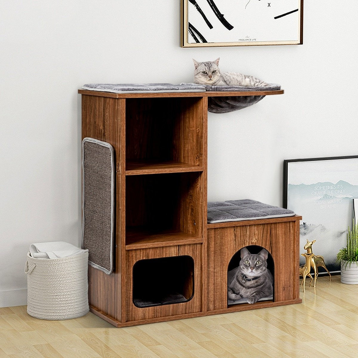 Cat furniture with cave mats cat playhouse wooden cat tree cat house climbing tree 69x39x 80.5 cm