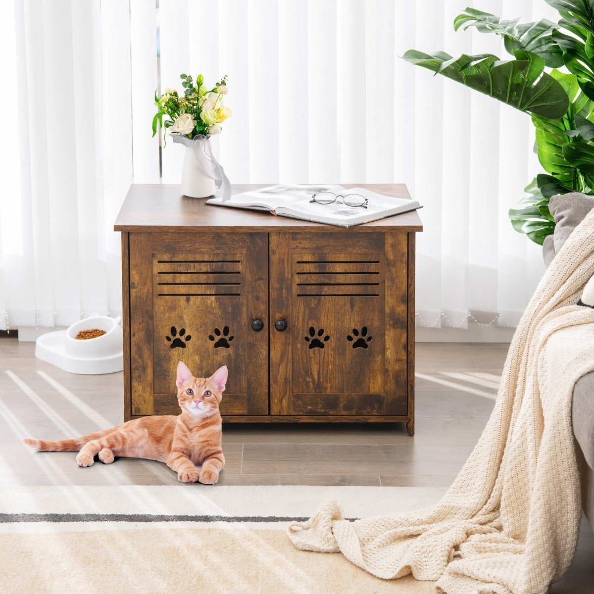 Cat house cat toilet with double slatted doors cat cabinet 70 x 52 x 51 cm brown
