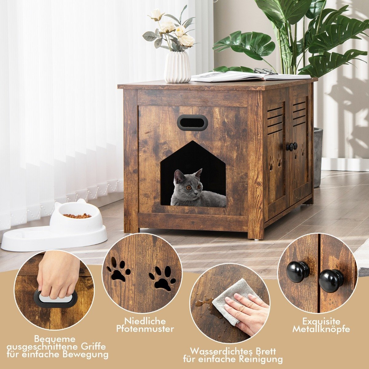 Cat house cat toilet with double slatted doors cat cabinet 70 x 52 x 51 cm brown