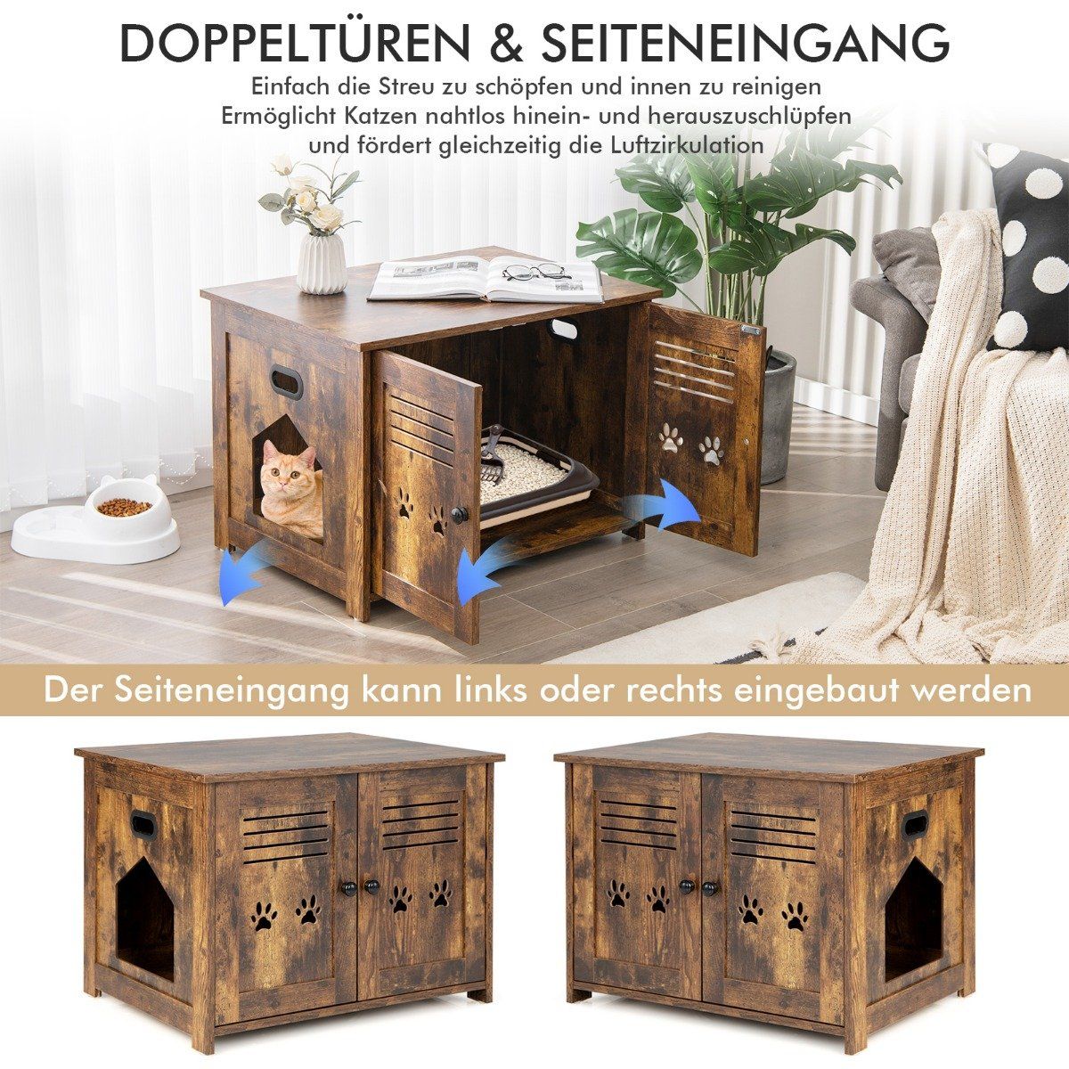 Cat house cat toilet with double slatted doors cat cabinet 70 x 52 x 51 cm brown