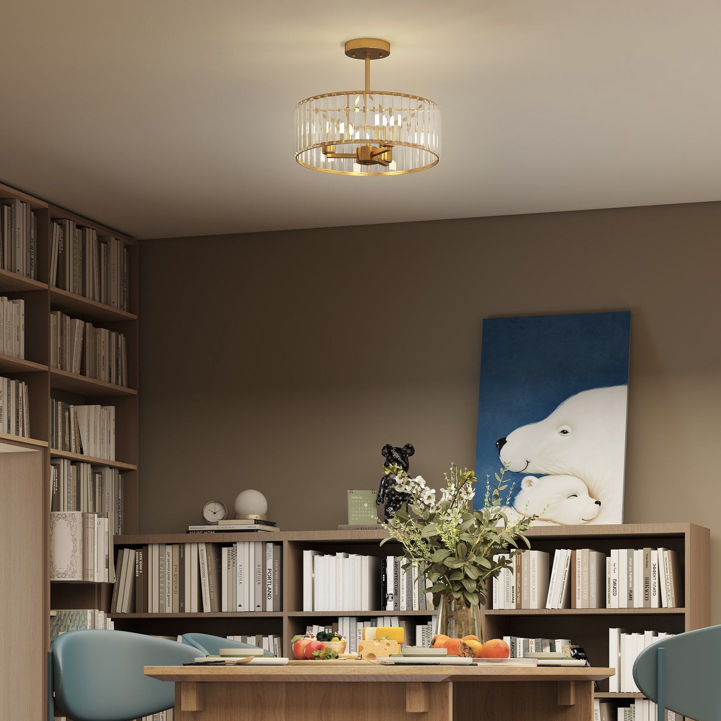 Ceiling Light, Crystal Shade, 3 Bulbs, Gold Metal