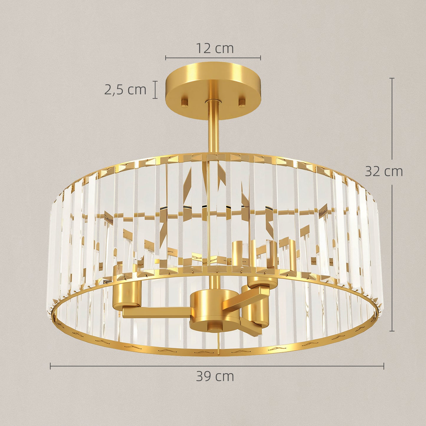 Ceiling Light, Crystal Shade, 3 Bulbs, Gold Metal