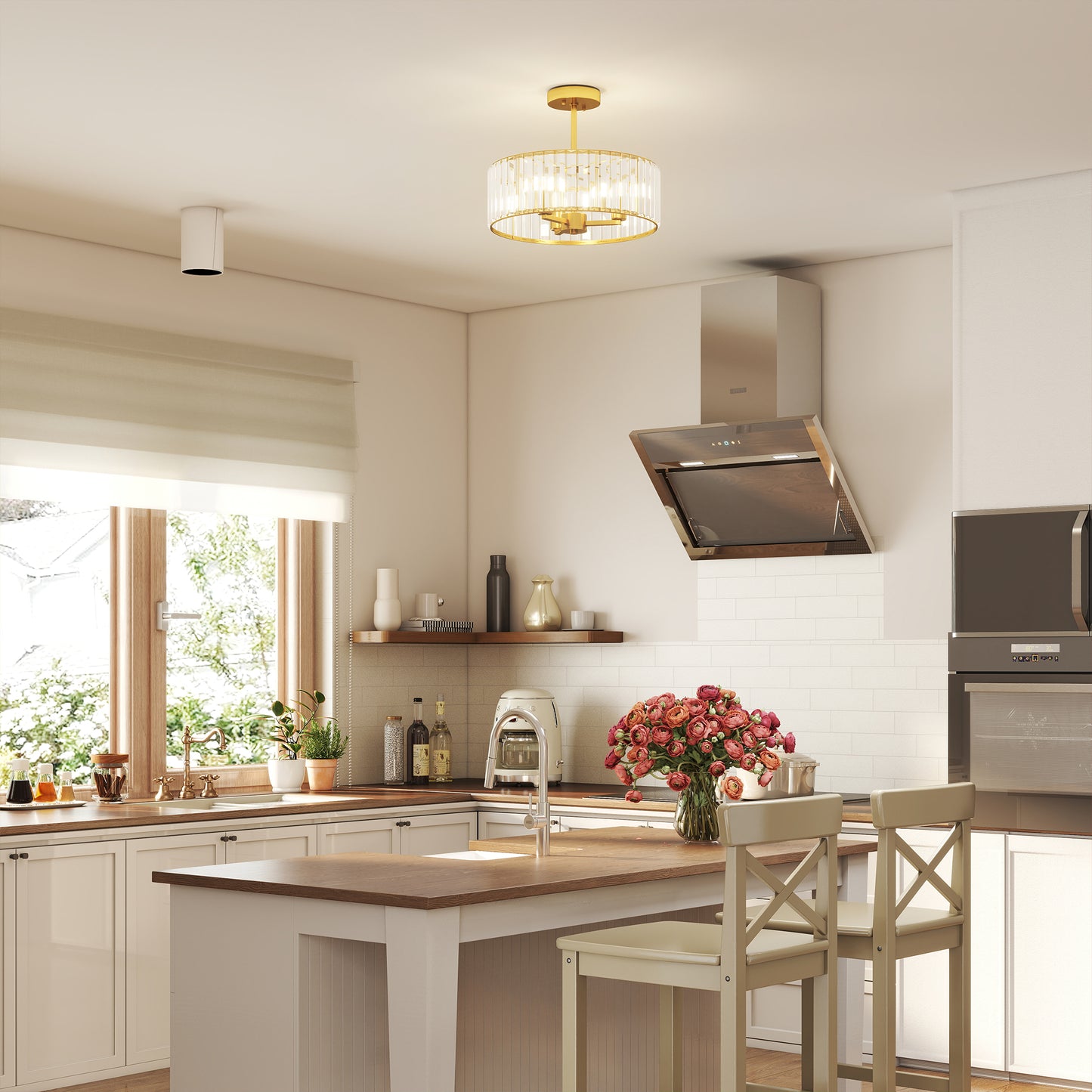 Ceiling Light, Crystal Shade, 3 Bulbs, Gold Metal