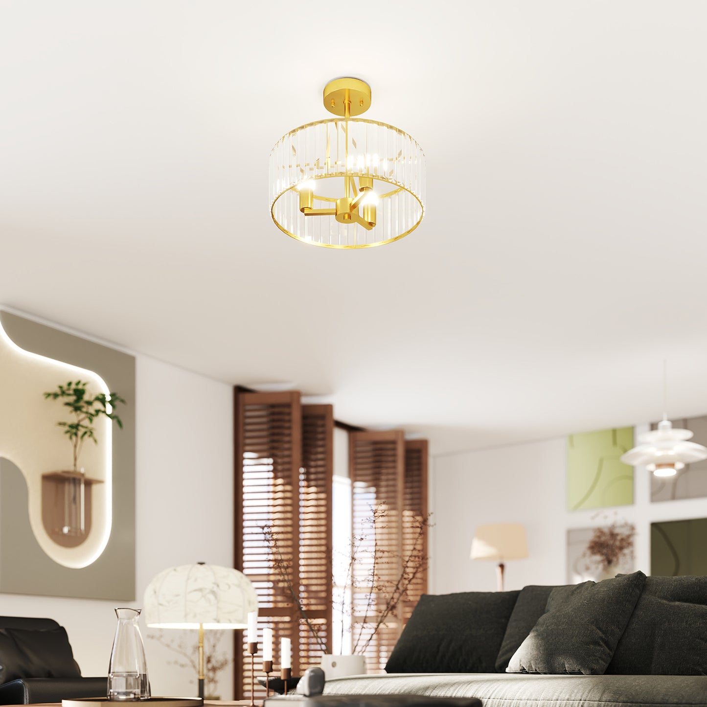 Ceiling Light, Crystal Shade, 3 Bulbs, Gold Metal