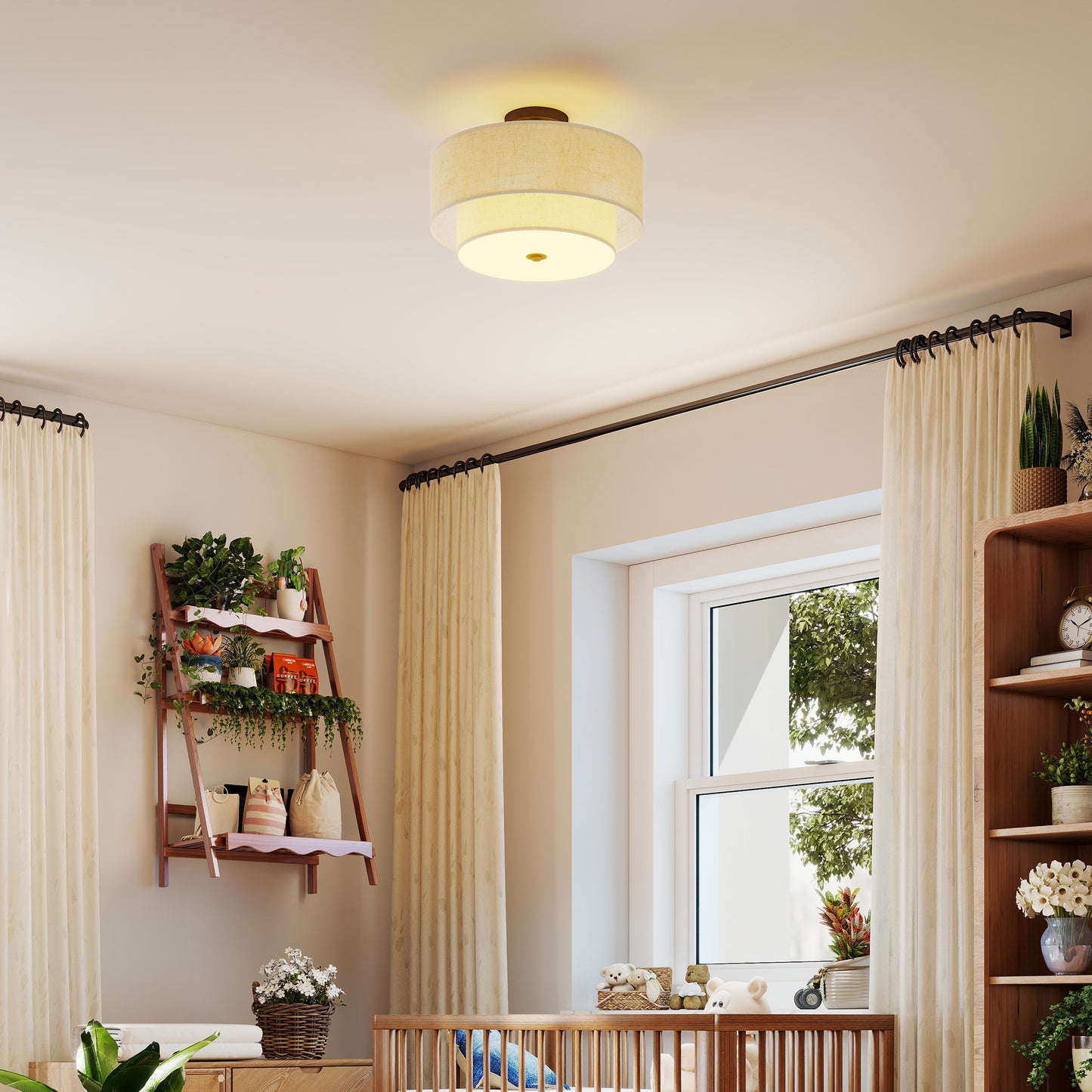 Ceiling Light with Double Linen Shades, Cream White