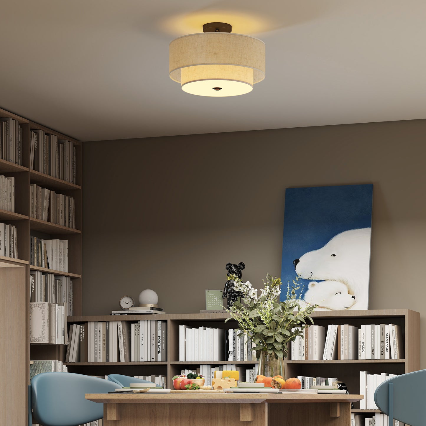 Ceiling Light with Double Linen Shades, Cream White