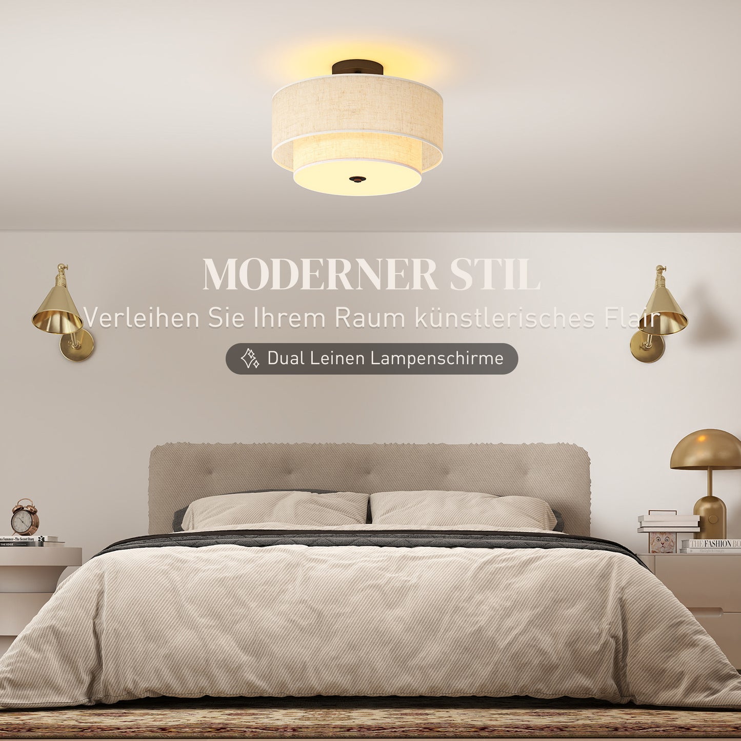 Ceiling Light with Double Linen Shades, Cream White