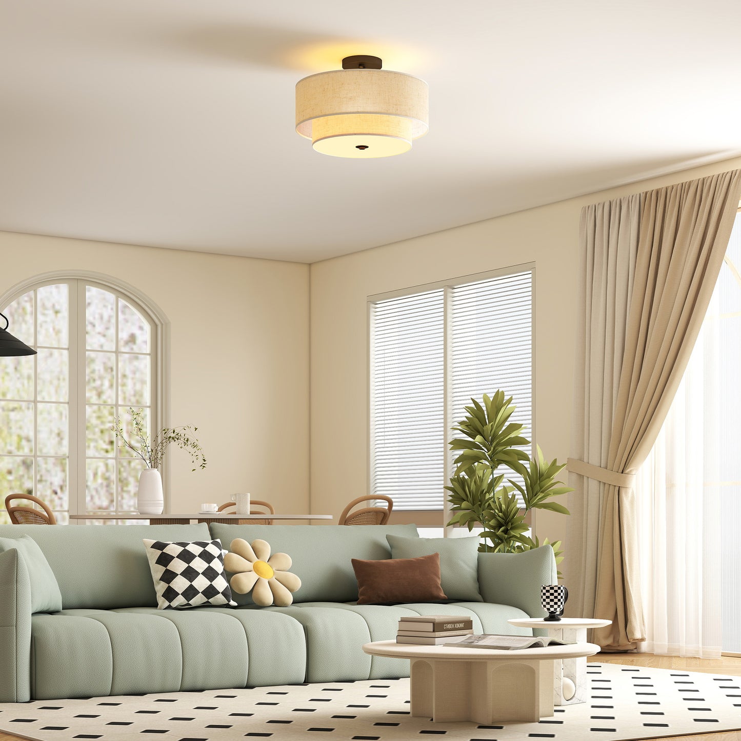 Ceiling Light with Double Linen Shades, Cream White