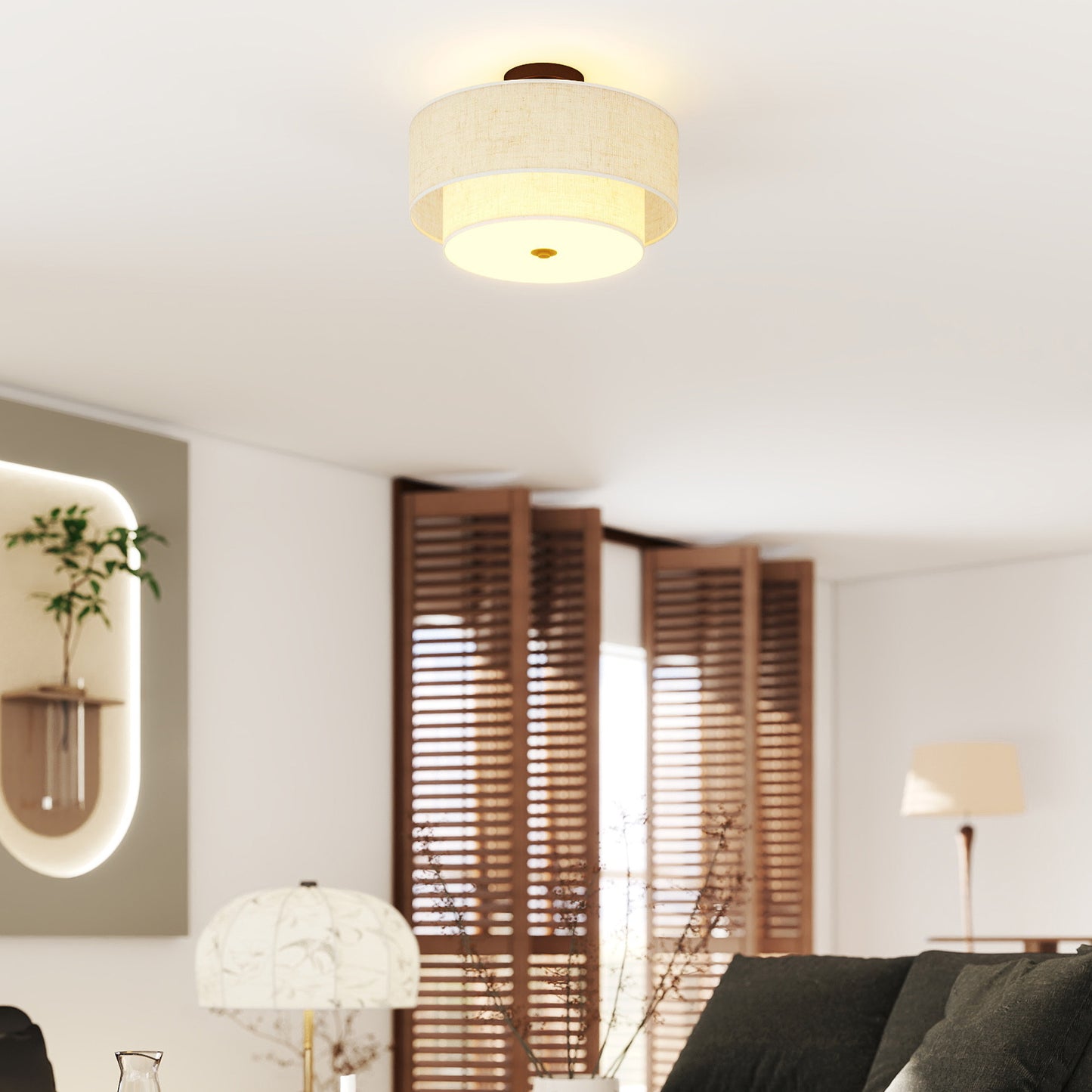 Ceiling Light with Double Linen Shades, Cream White