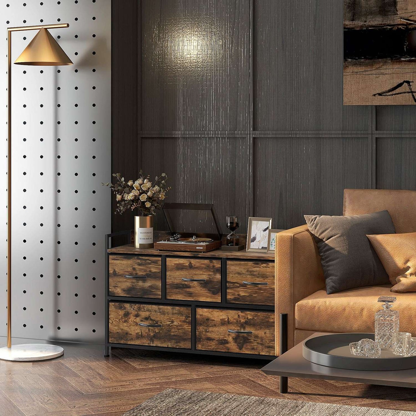 Rustic Brown Fabric Chest of 5 Drawers - Industrial Storage