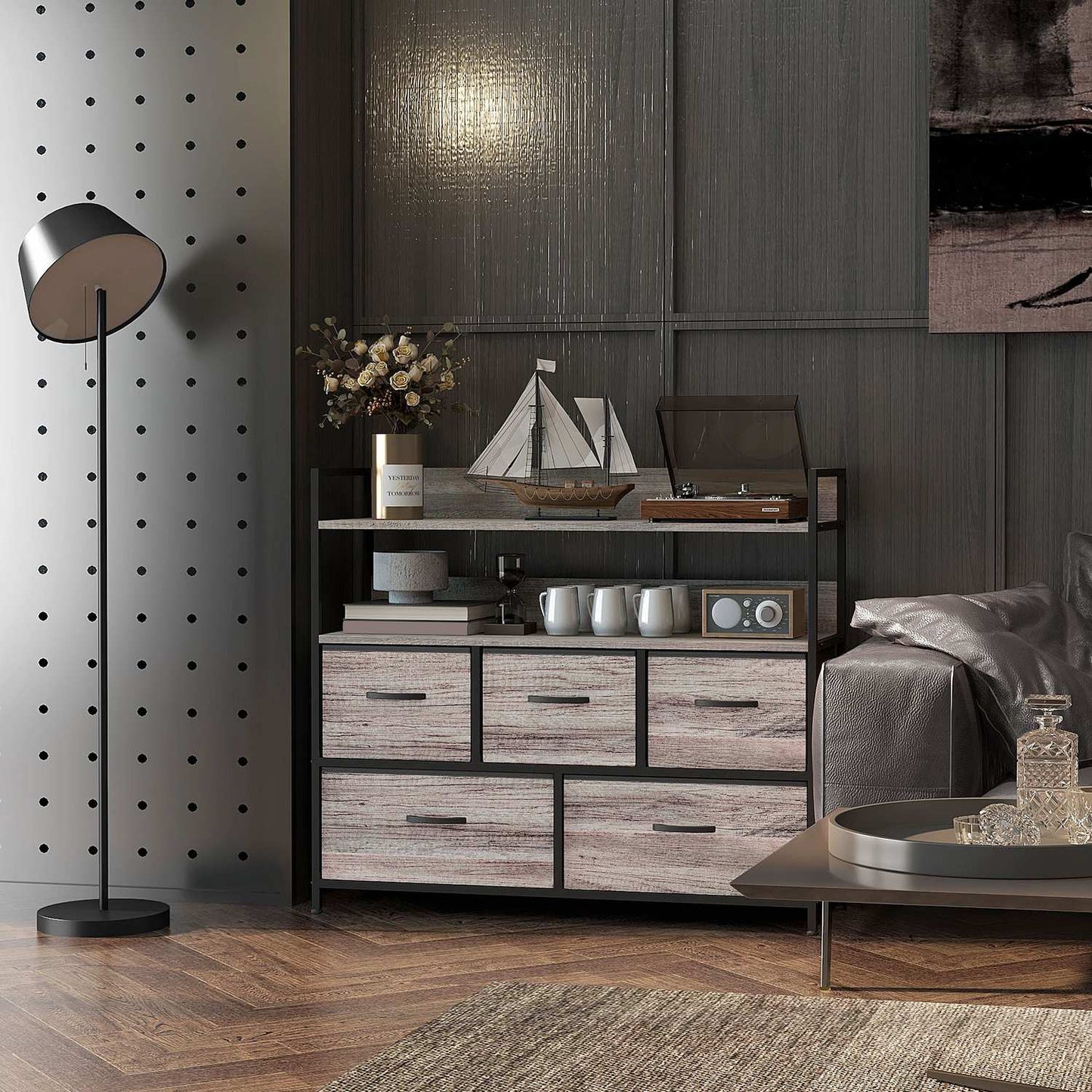Fabric storage cabinet with 5 drawers and 2 shelves, grey