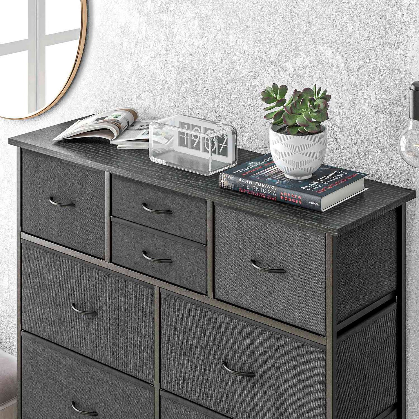 Chest of drawers, 10 fabric drawers, black steel frame