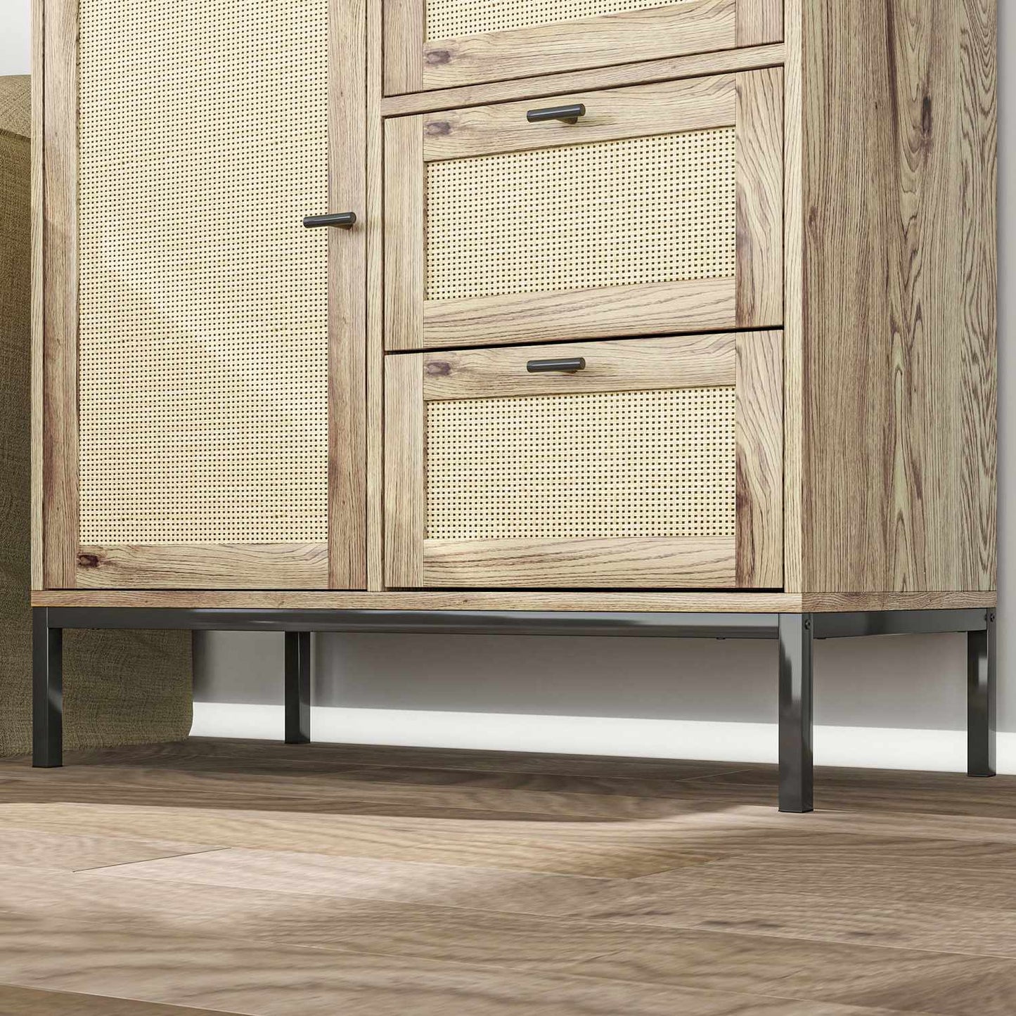 Rattan storage cabinet with drawers and adjustable shelves