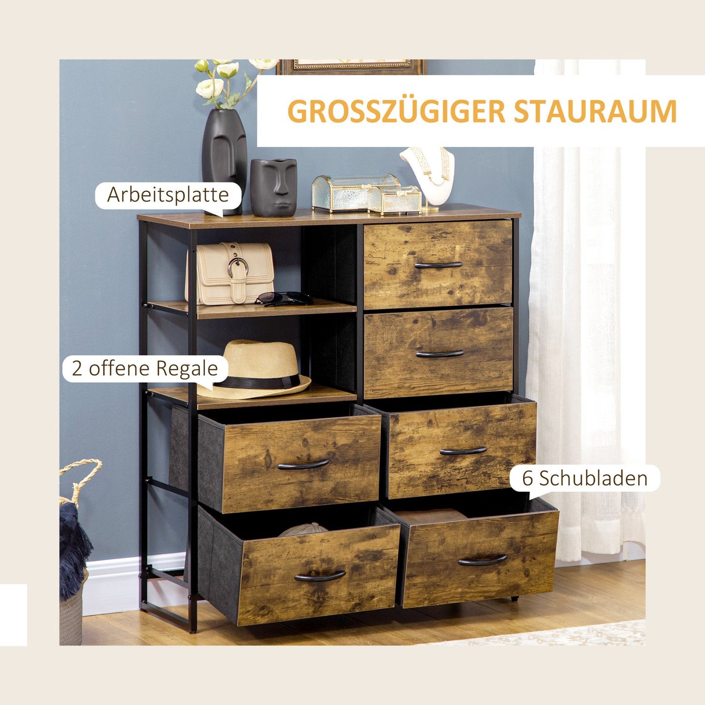 Industrial sideboard with 6 fabric drawers & 2 shelves, rustic brown