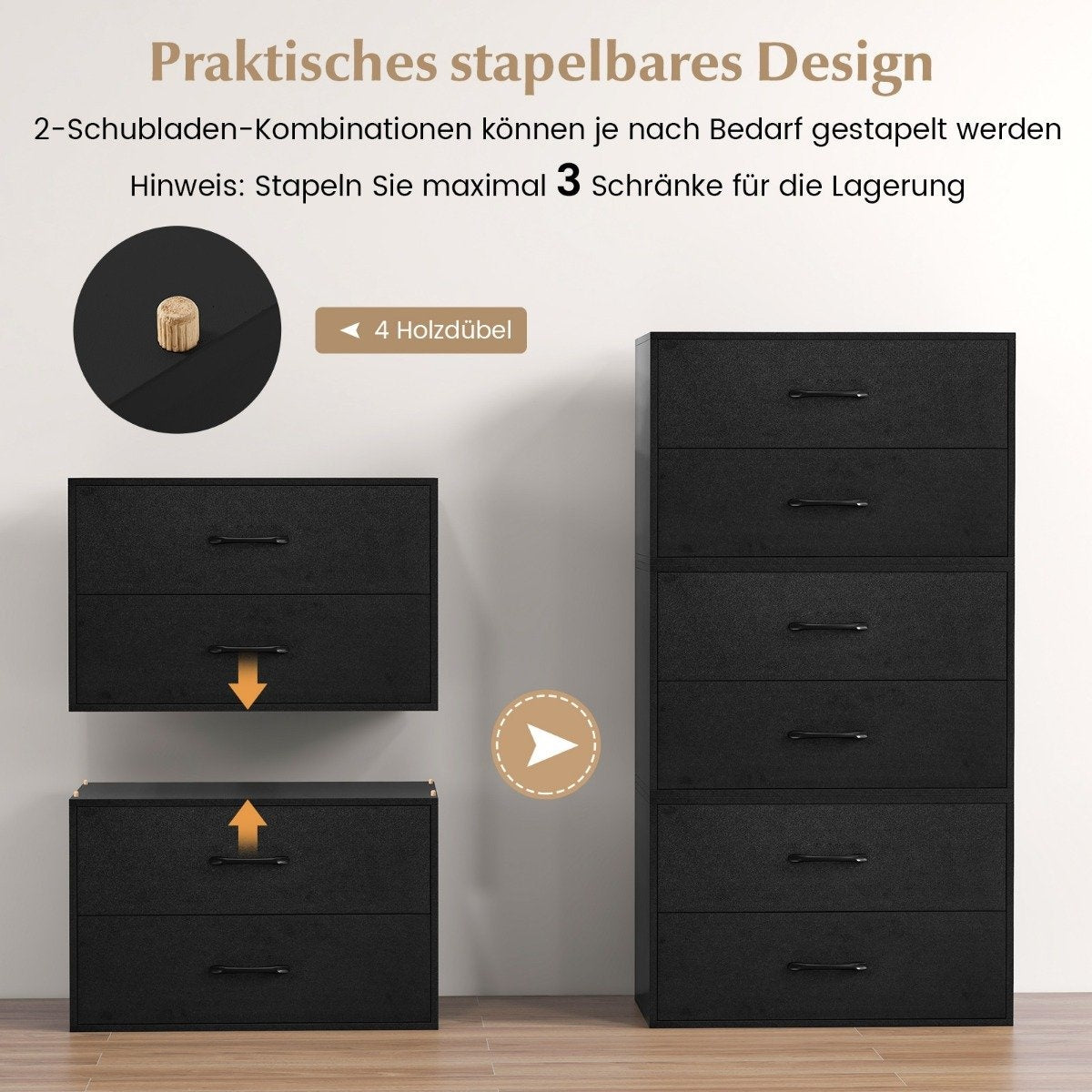 Chest of drawers with 2 drawers, drawer cabinet, stackable, sideboard made of wood, 60 x 34 x 38 cm, black