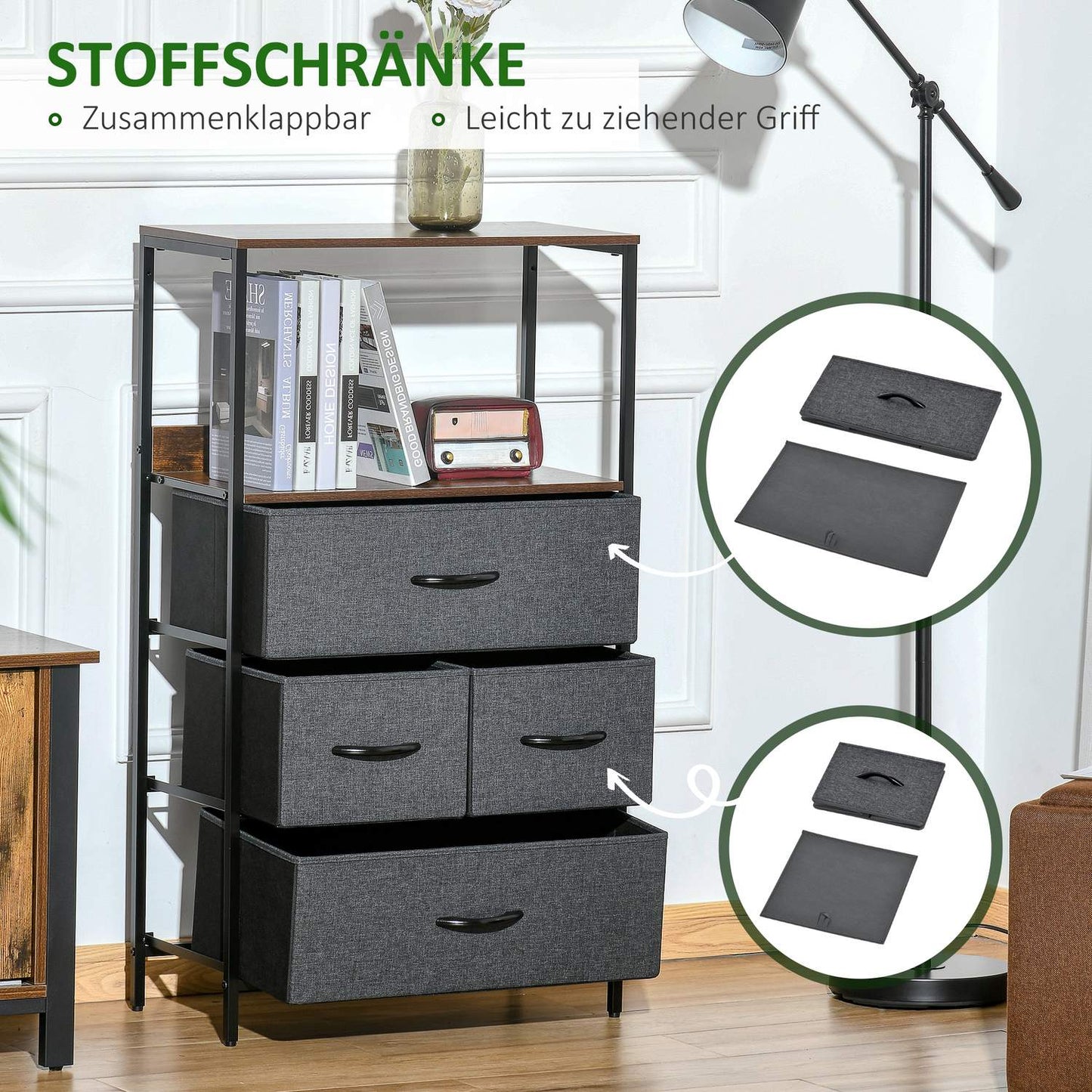 Chest of drawers with 4 drawers made of linen storage cabinet with shelf handles black