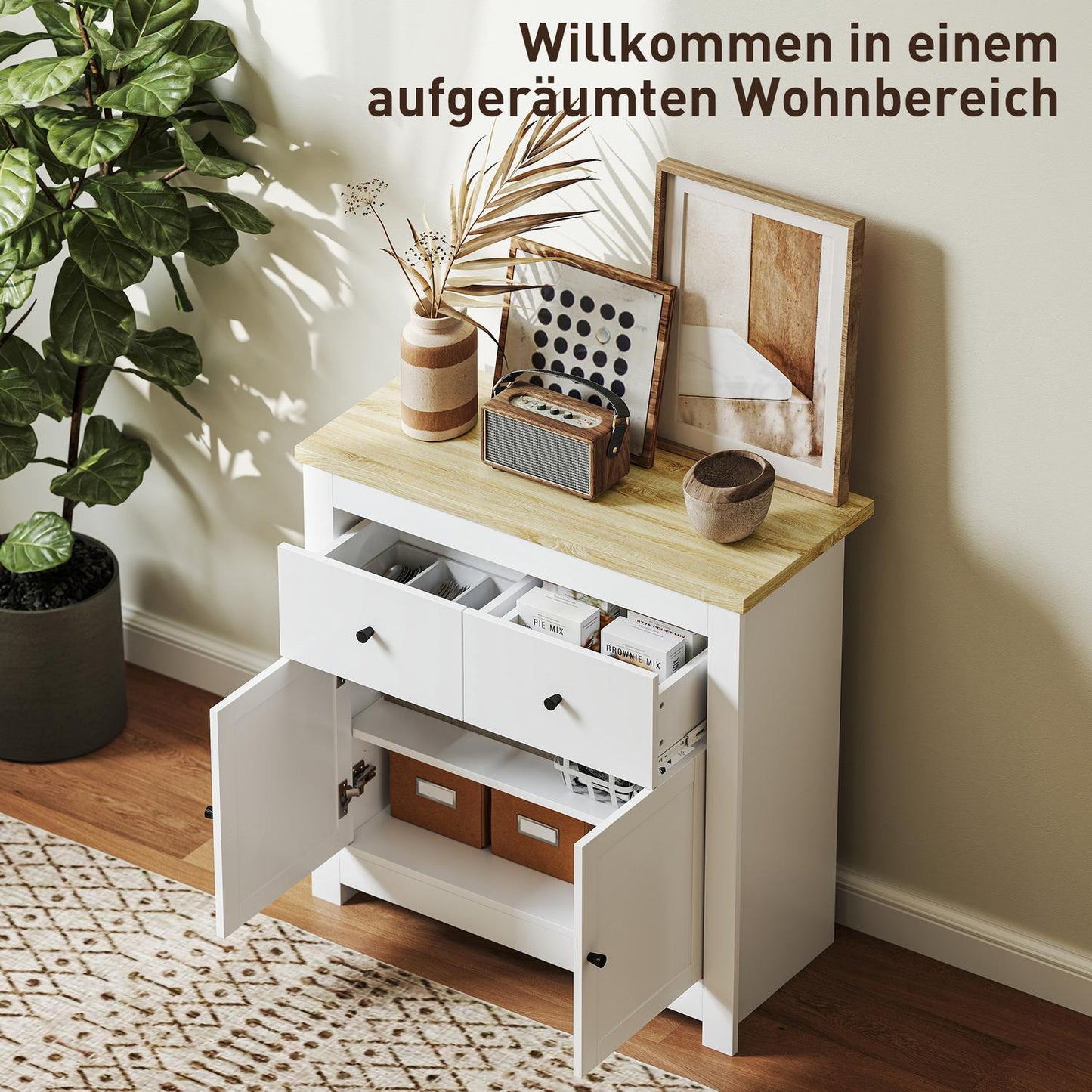 White Sideboard with Drawers and Adjustable Shelf
