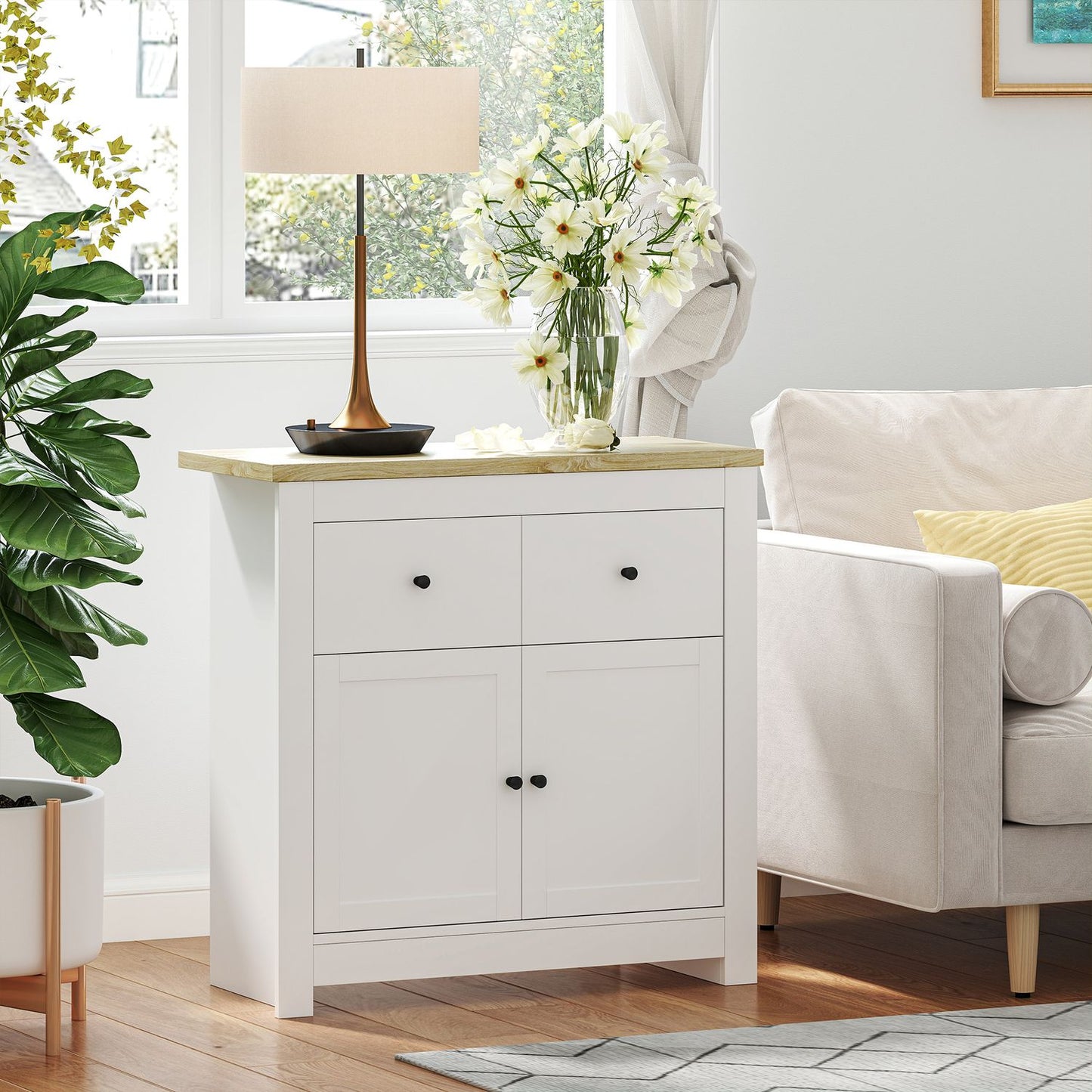 White Sideboard with Drawers and Adjustable Shelf