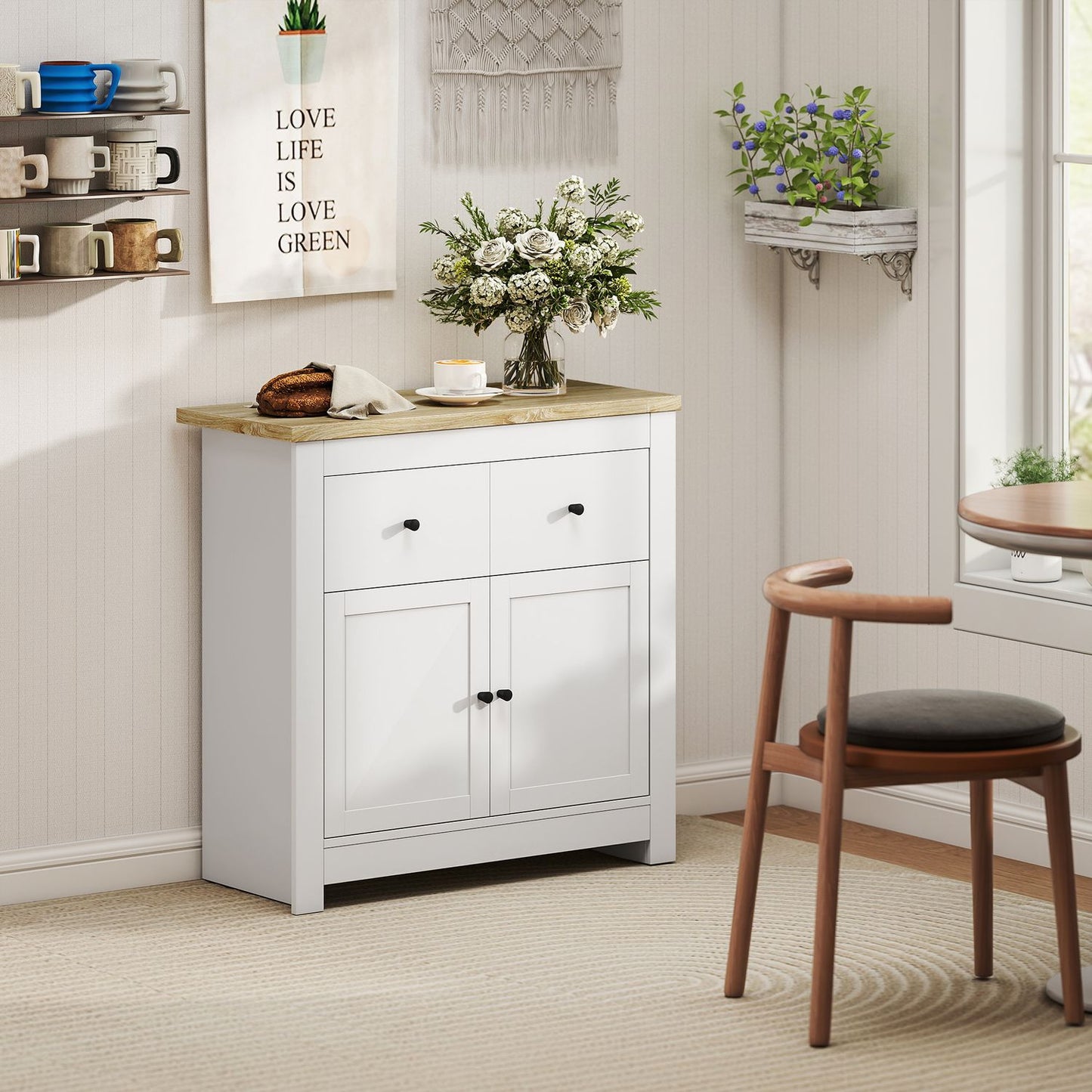 White Sideboard with Drawers and Adjustable Shelf
