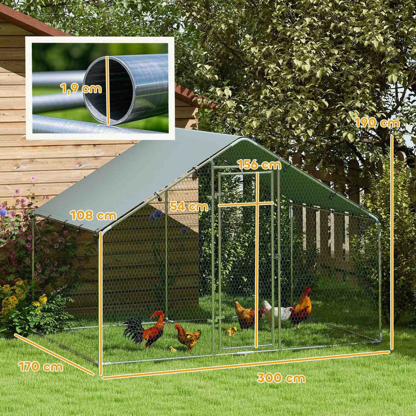 Chicken house in galvanized steel with waterproof roof, 3x1.7x1.9 m