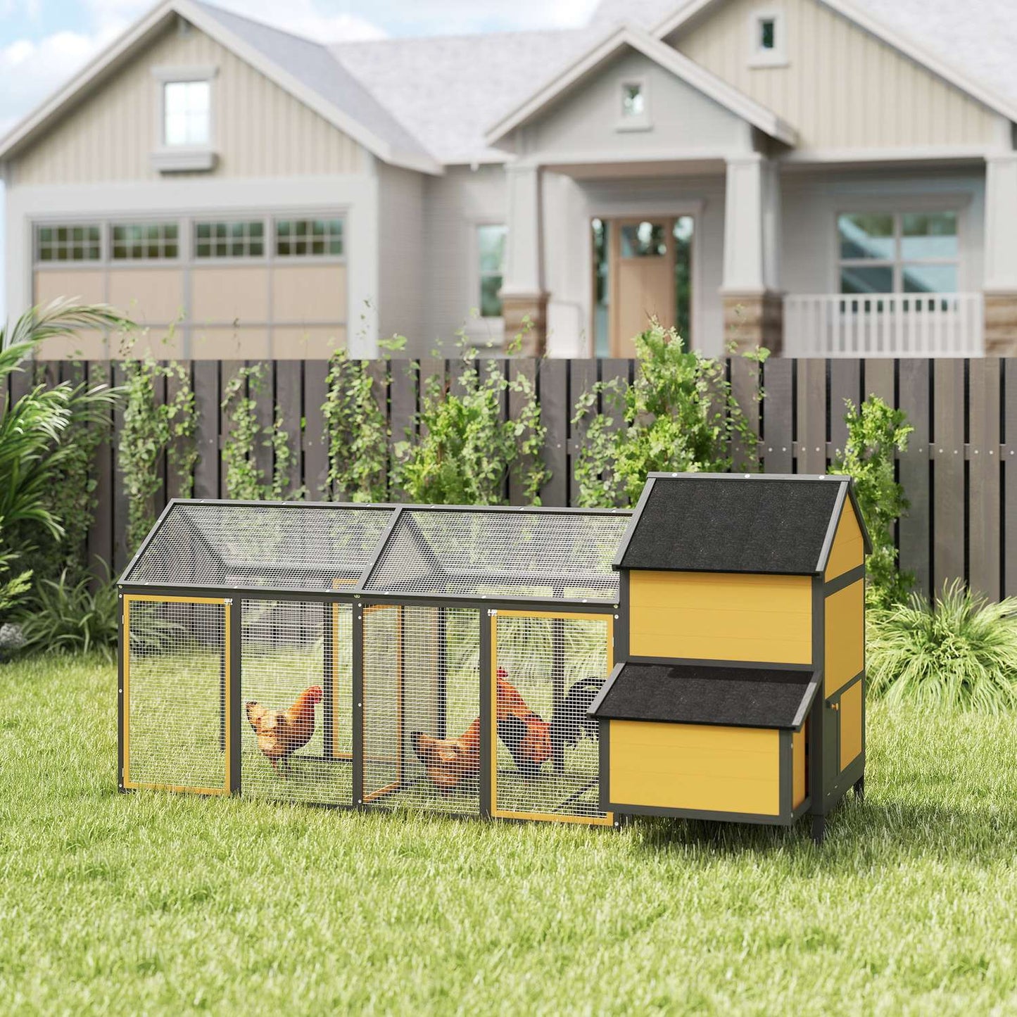 Chicken coop, small animal coop, 2 outdoor enclosures, 1 nesting box, 2 ramps, asphalt roof, weatherproof, yellow