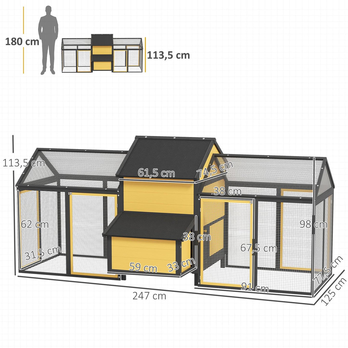 Chicken coop, small animal coop, 2 outdoor enclosures, 1 nesting box, 2 ramps, asphalt roof, weatherproof, yellow
