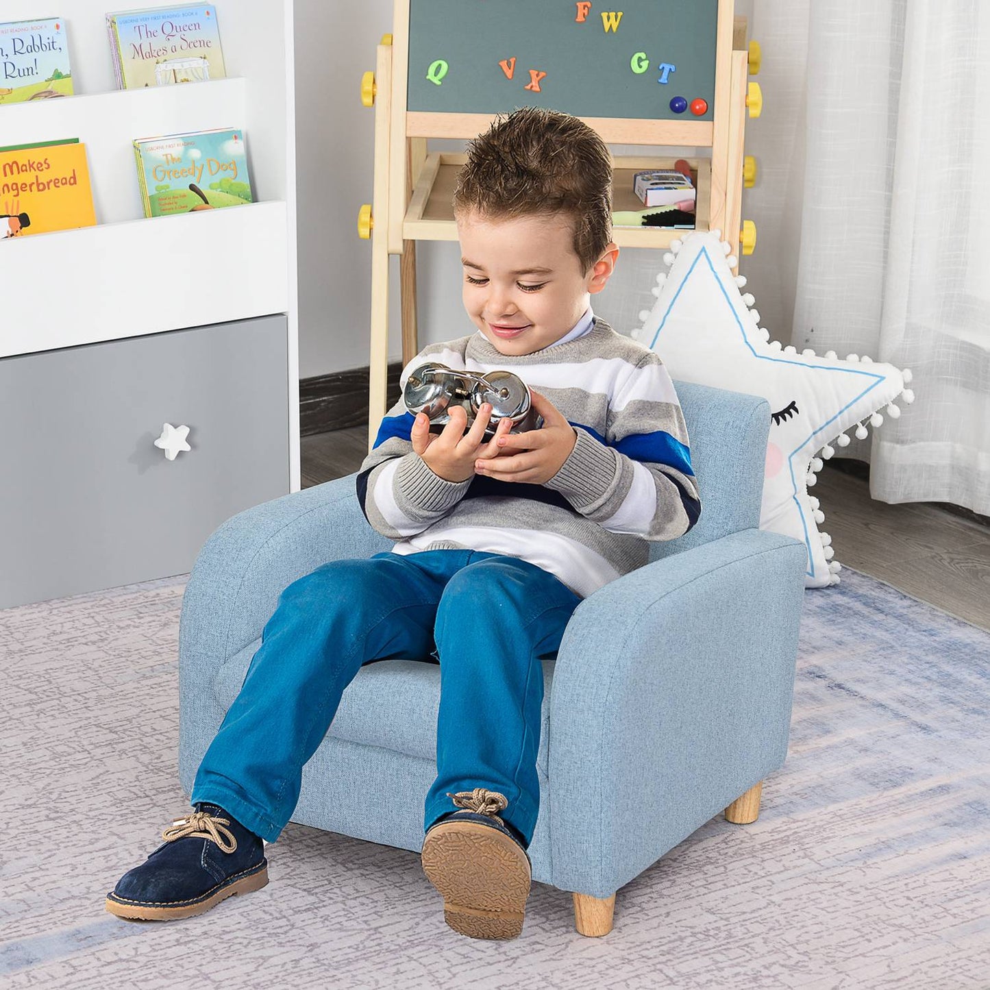 Blue armchair sofa for children with cushion, non-slip feet