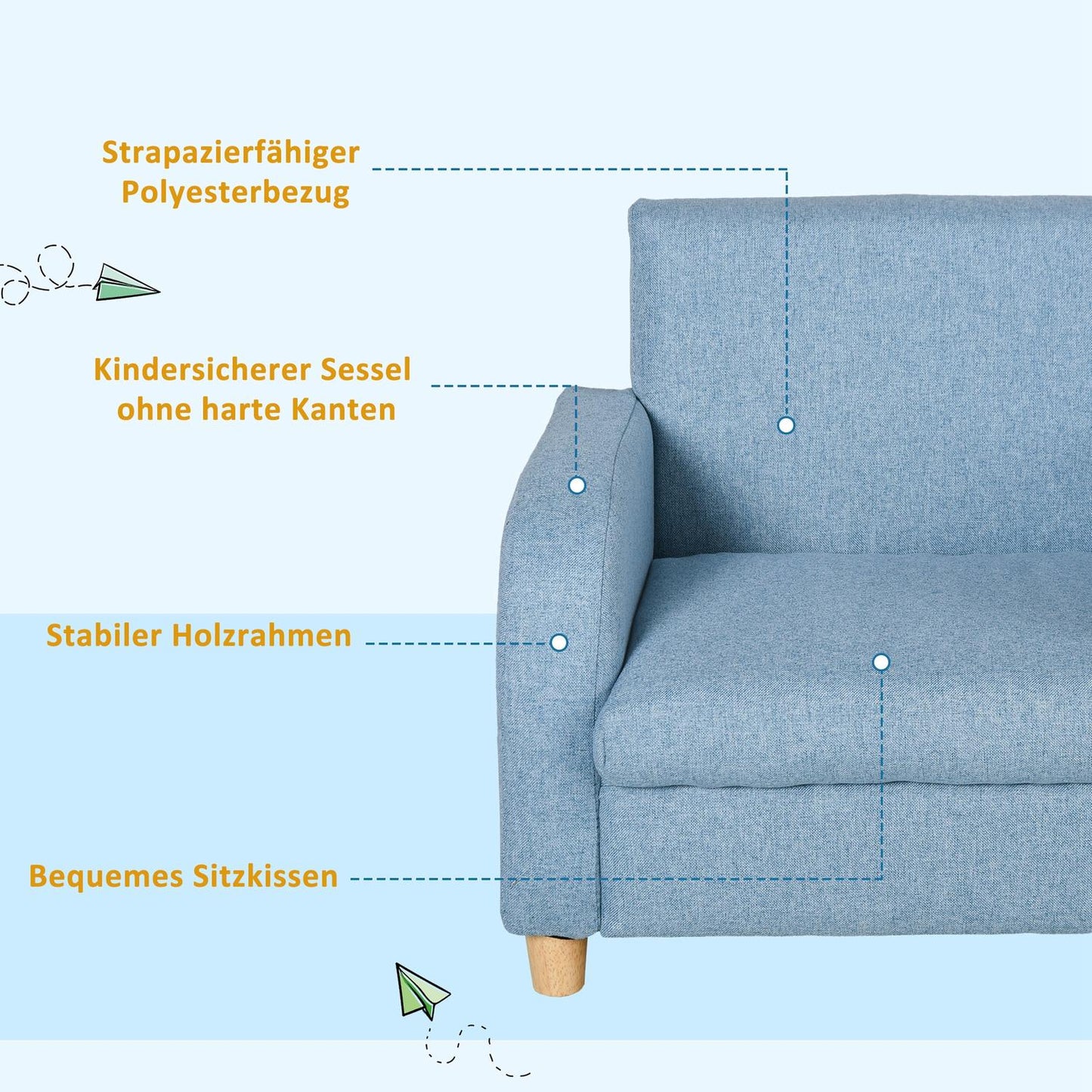 Blue armchair sofa for children with cushion, non-slip feet