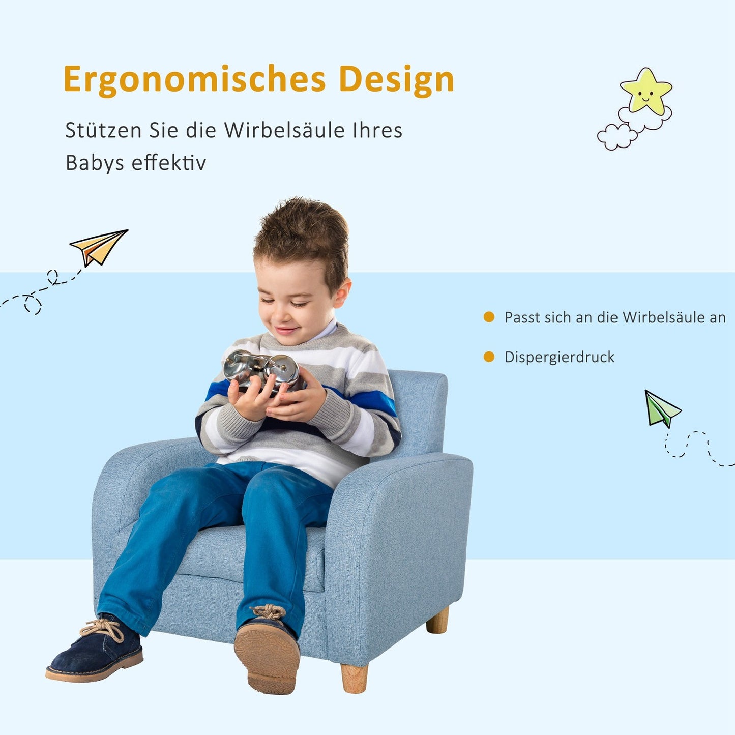 Blue armchair sofa for children with cushion, non-slip feet