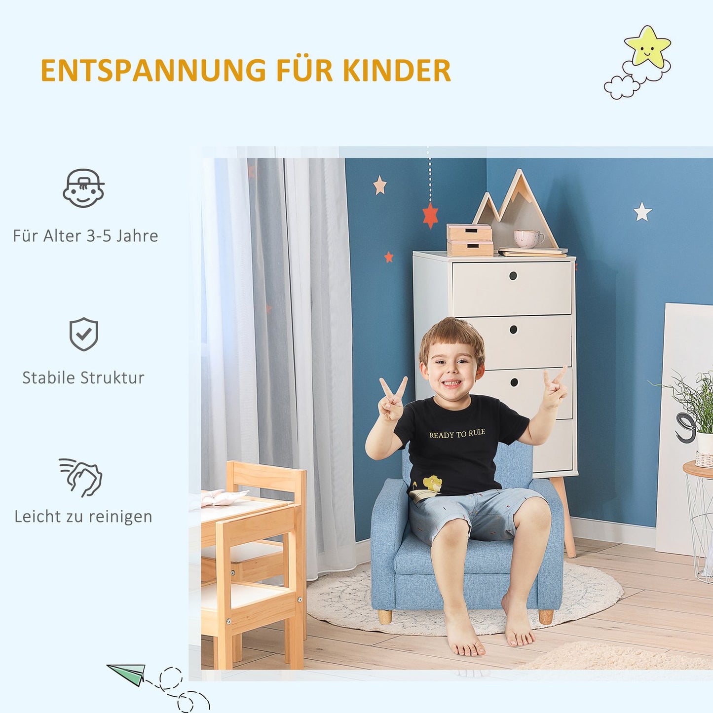 Blue armchair sofa for children with cushion, non-slip feet