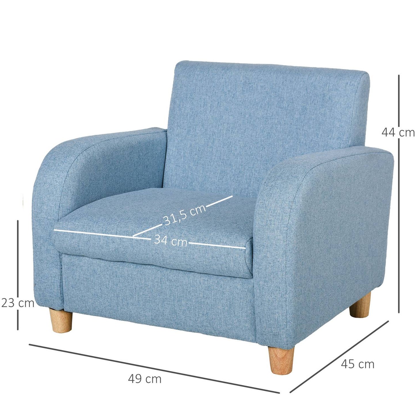 Blue armchair sofa for children with cushion, non-slip feet
