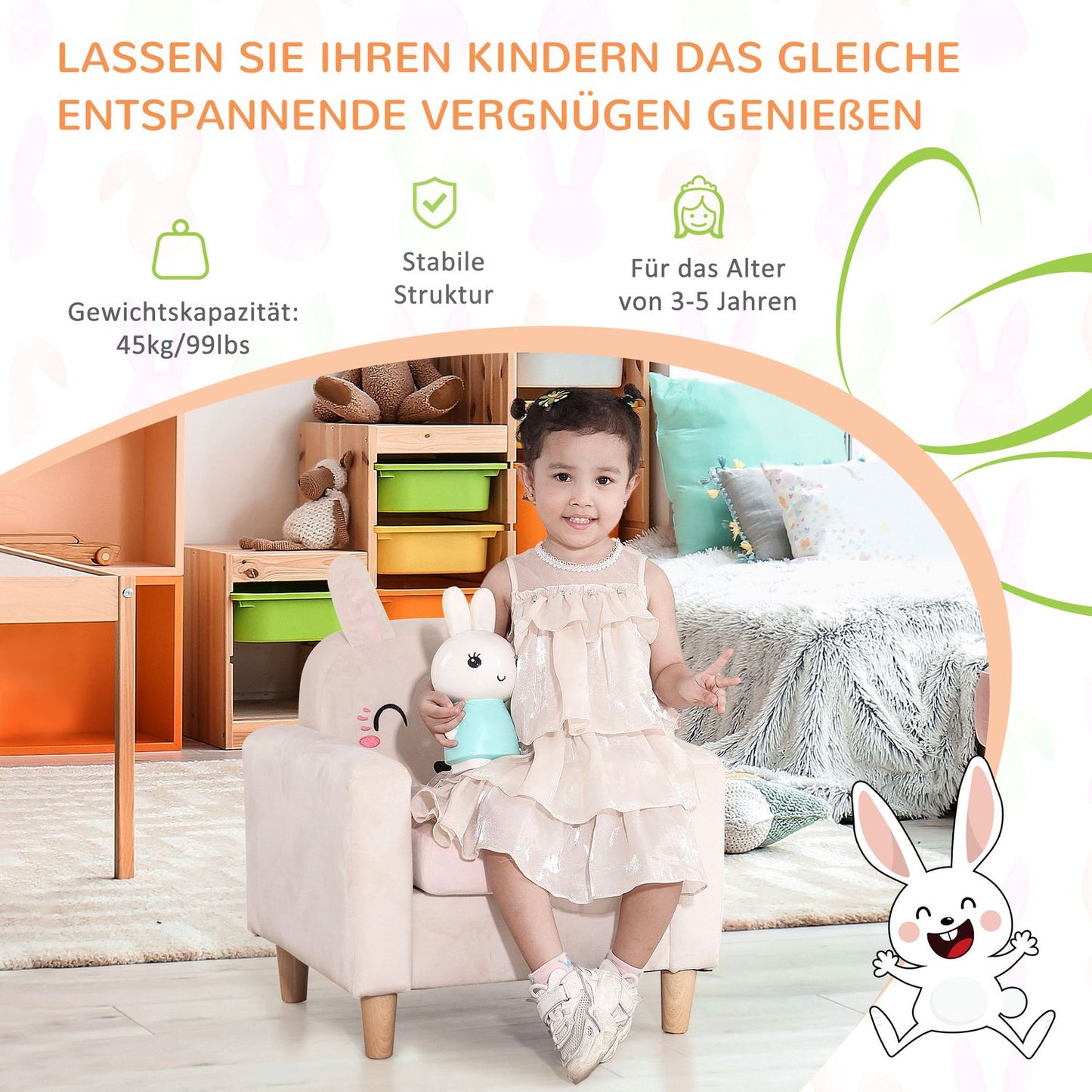 Children's sofa in cream velvet - solid wood, storage space