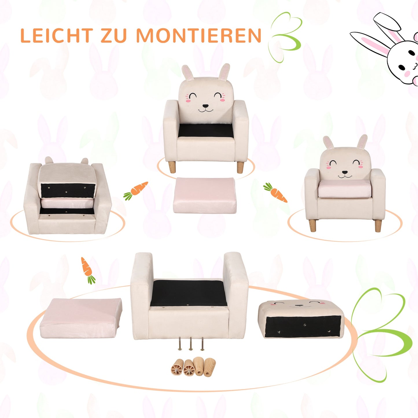 Children's sofa in cream velvet - solid wood, storage space