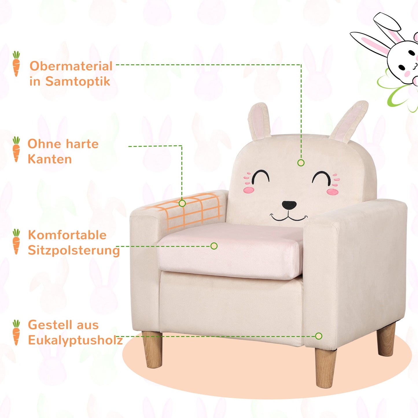 Children's sofa in cream velvet - solid wood, storage space