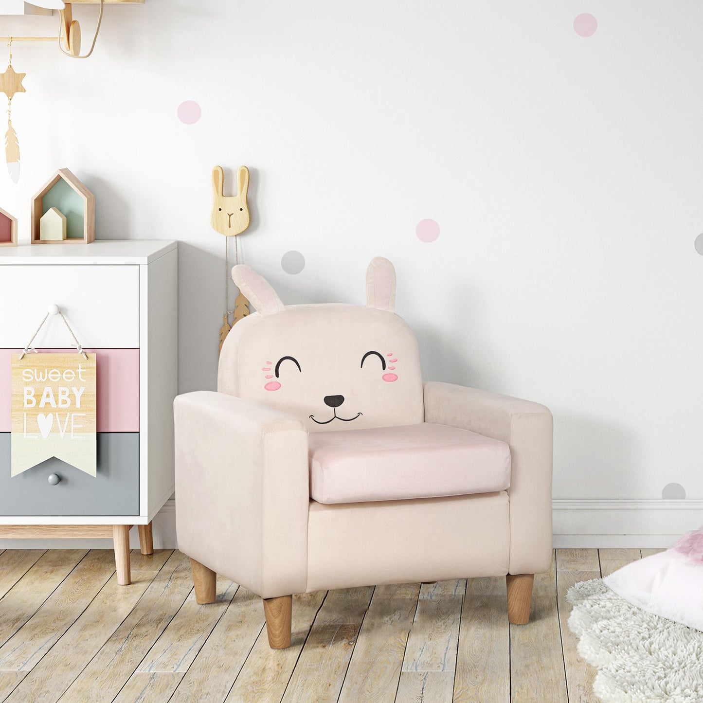 Children's sofa in cream velvet - solid wood, storage space