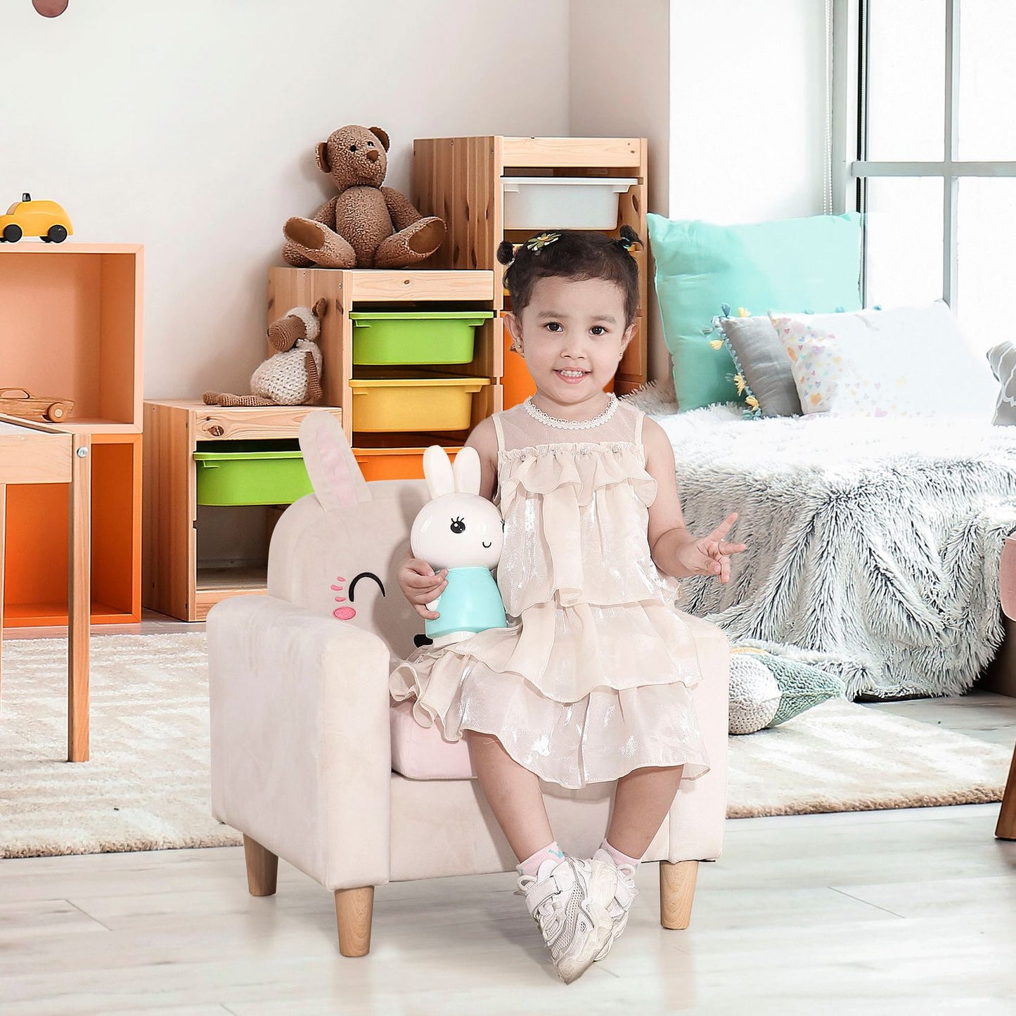 Children's sofa in cream velvet - solid wood, storage space