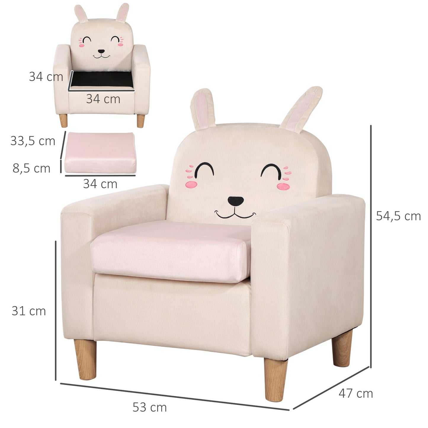 Children's sofa in cream velvet - solid wood, storage space