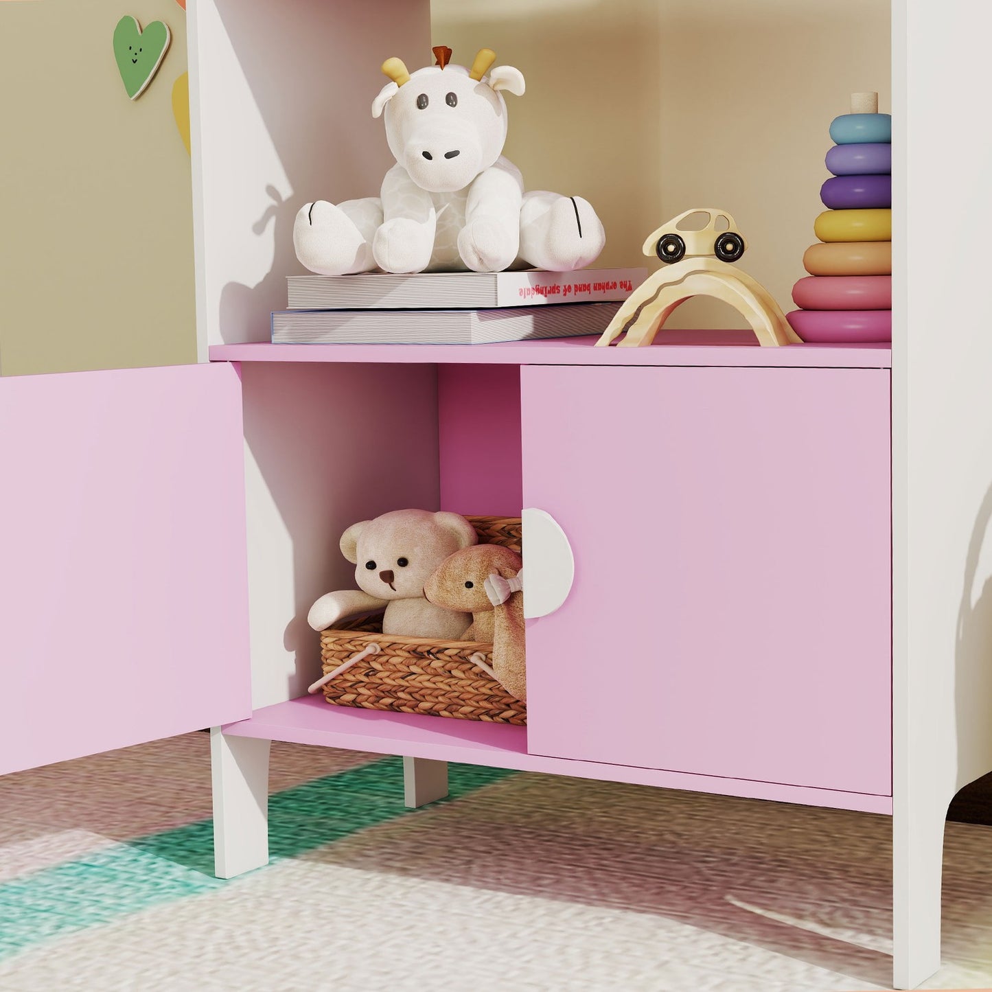 Children's Bookshelf, 2 Shelves, 2 Cabinets, Anti-Tip, MDF