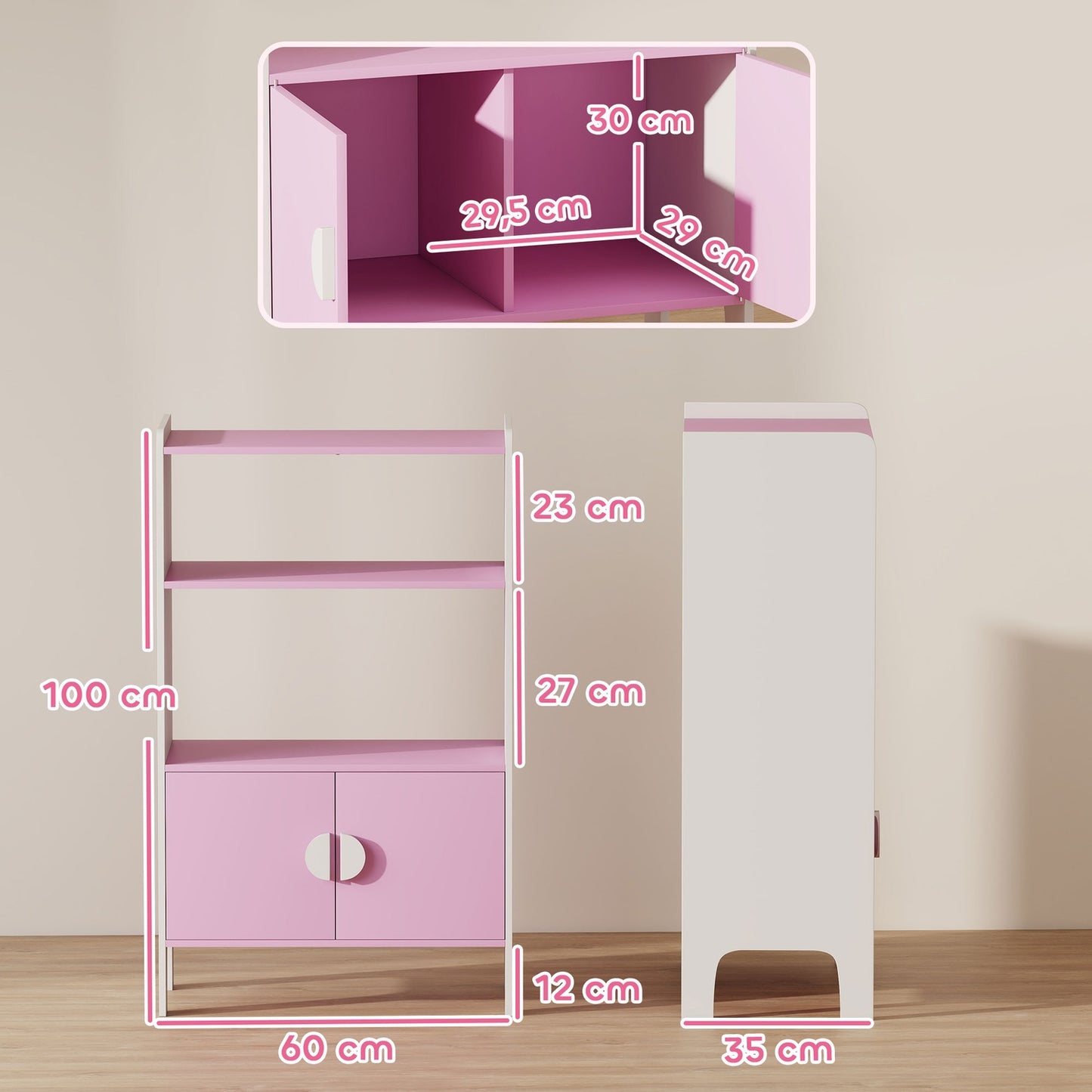 Children's Bookshelf, 2 Shelves, 2 Cabinets, Anti-Tip, MDF