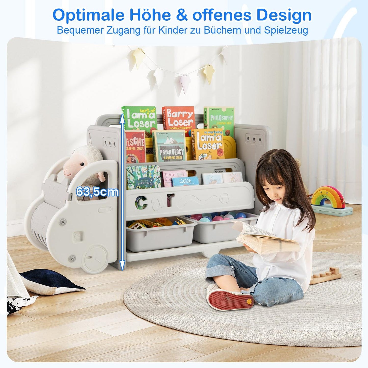 Children's Bookshelf with 4 Tiers & 2 Storage Boxes
