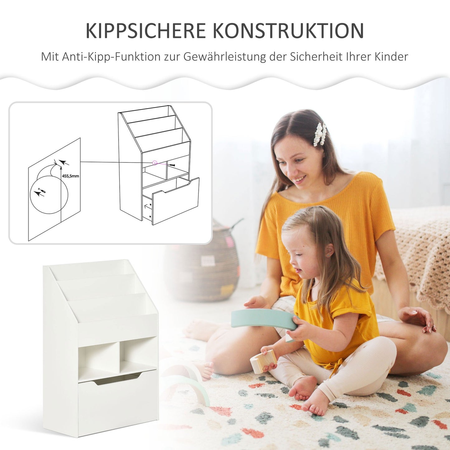 Children's Bookshelf with Drawer, 3-Tier, White, 60x30x90 cm