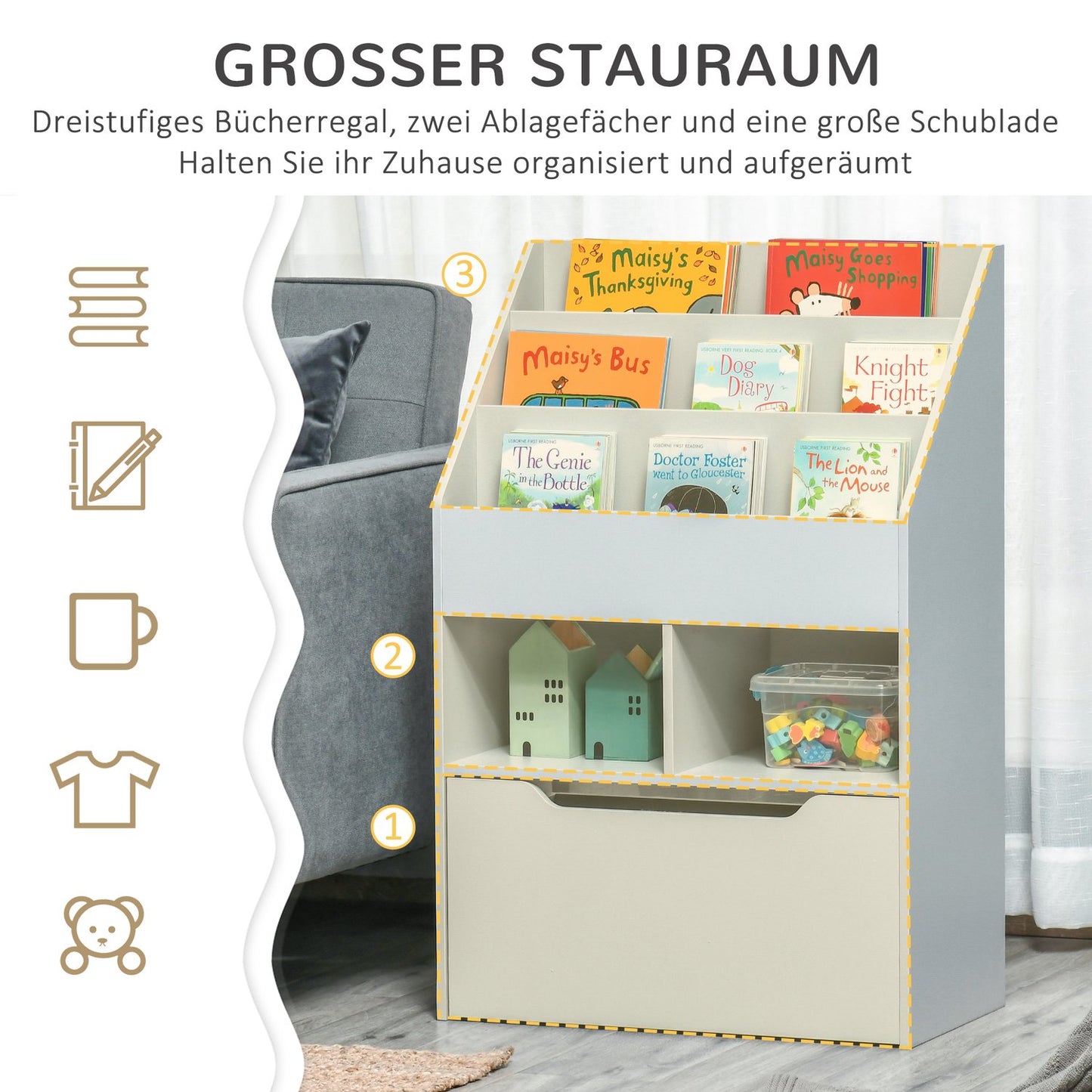Children's Bookshelf with Drawer, Grey, 60 x 30 x 90 cm